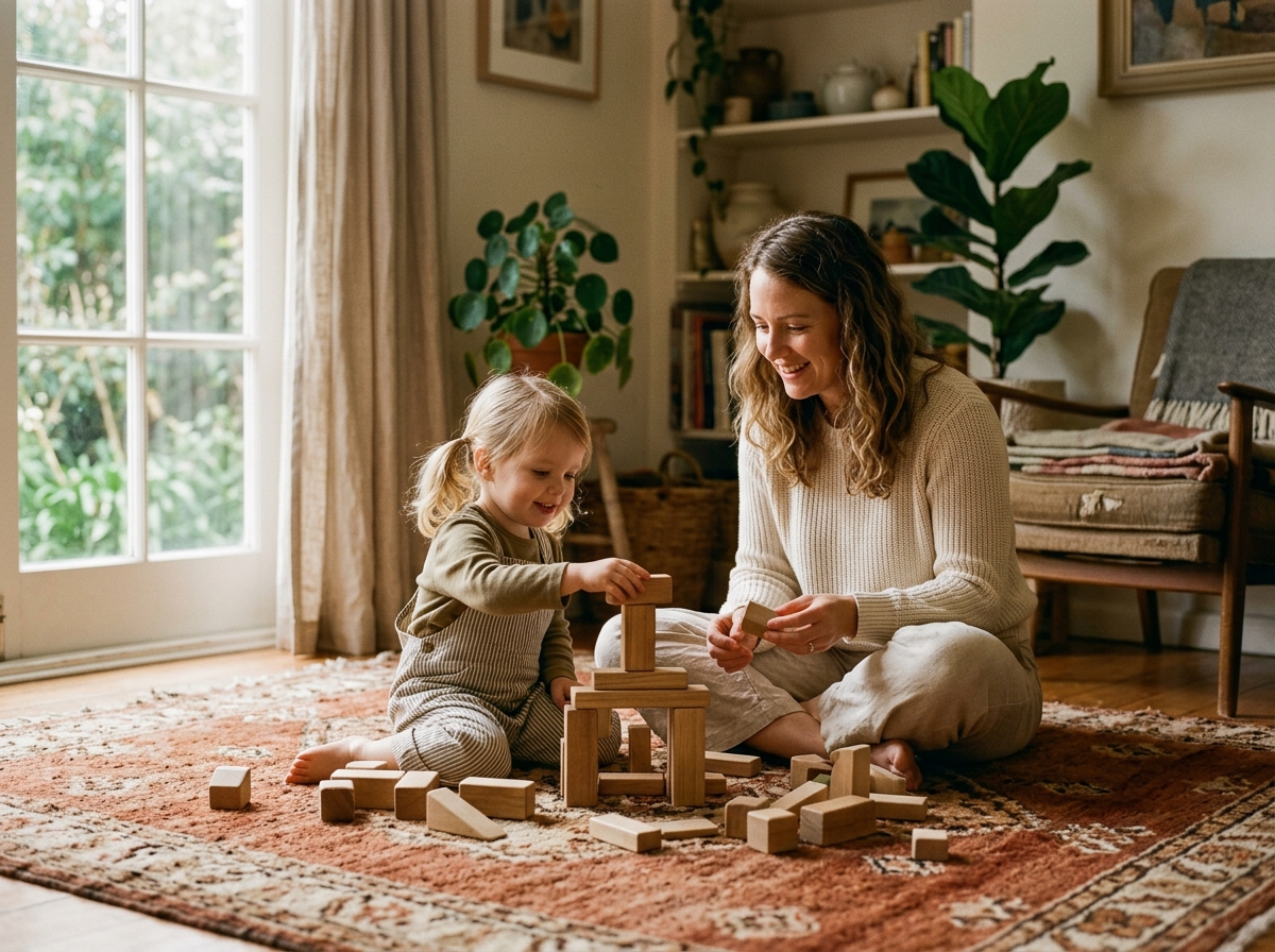 A parent and young child enjoying quiet play together at home