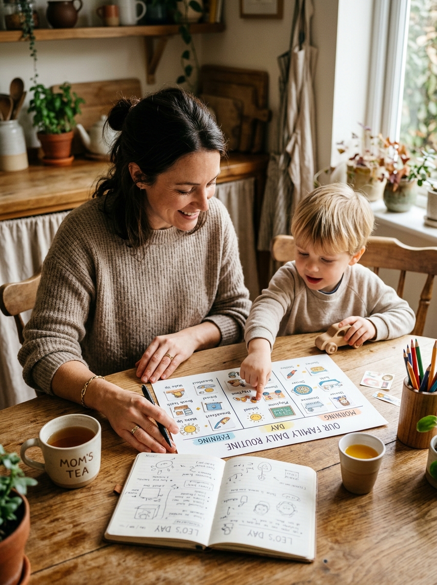 A parent reviewing a visual family routine and personalised plan at home