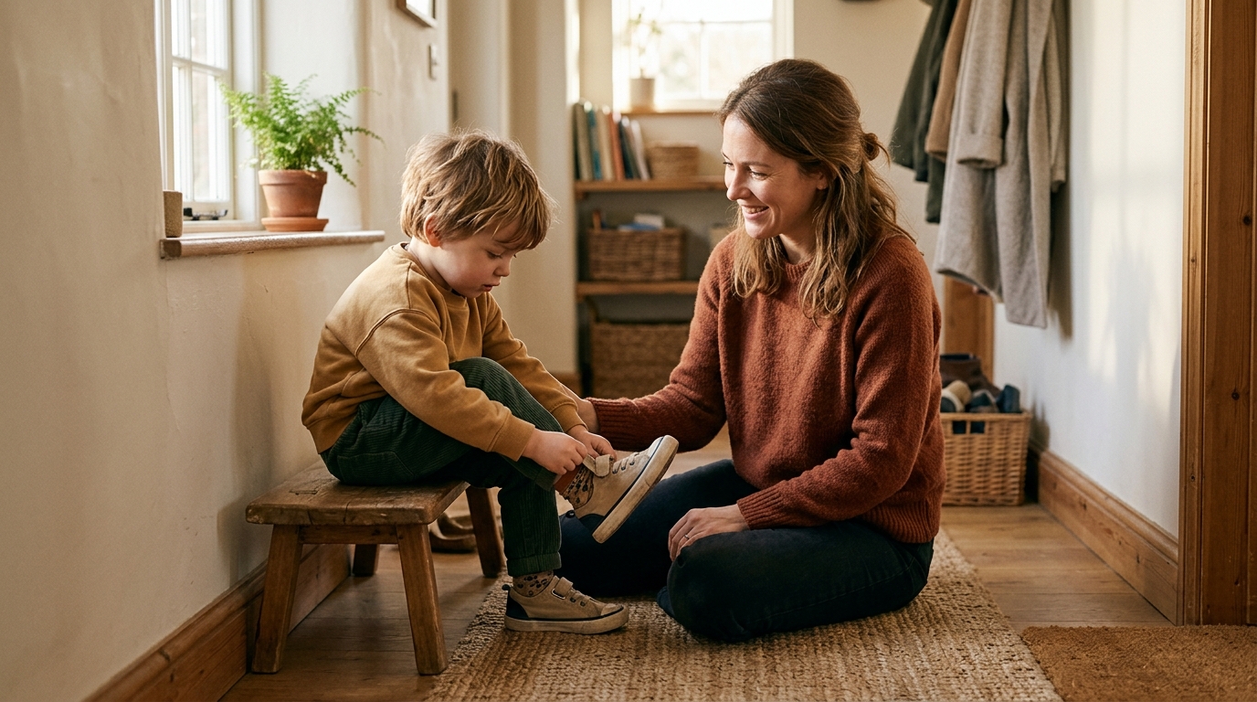 A child independently putting on their shoes while a parent offers calm support