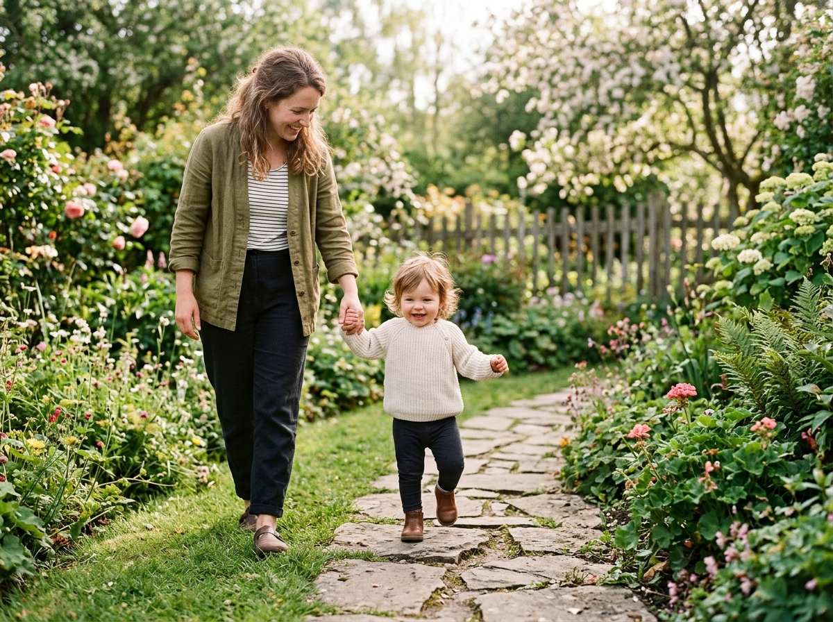 A toddler building confidence through a simple outdoor movement activity with a parent nearby