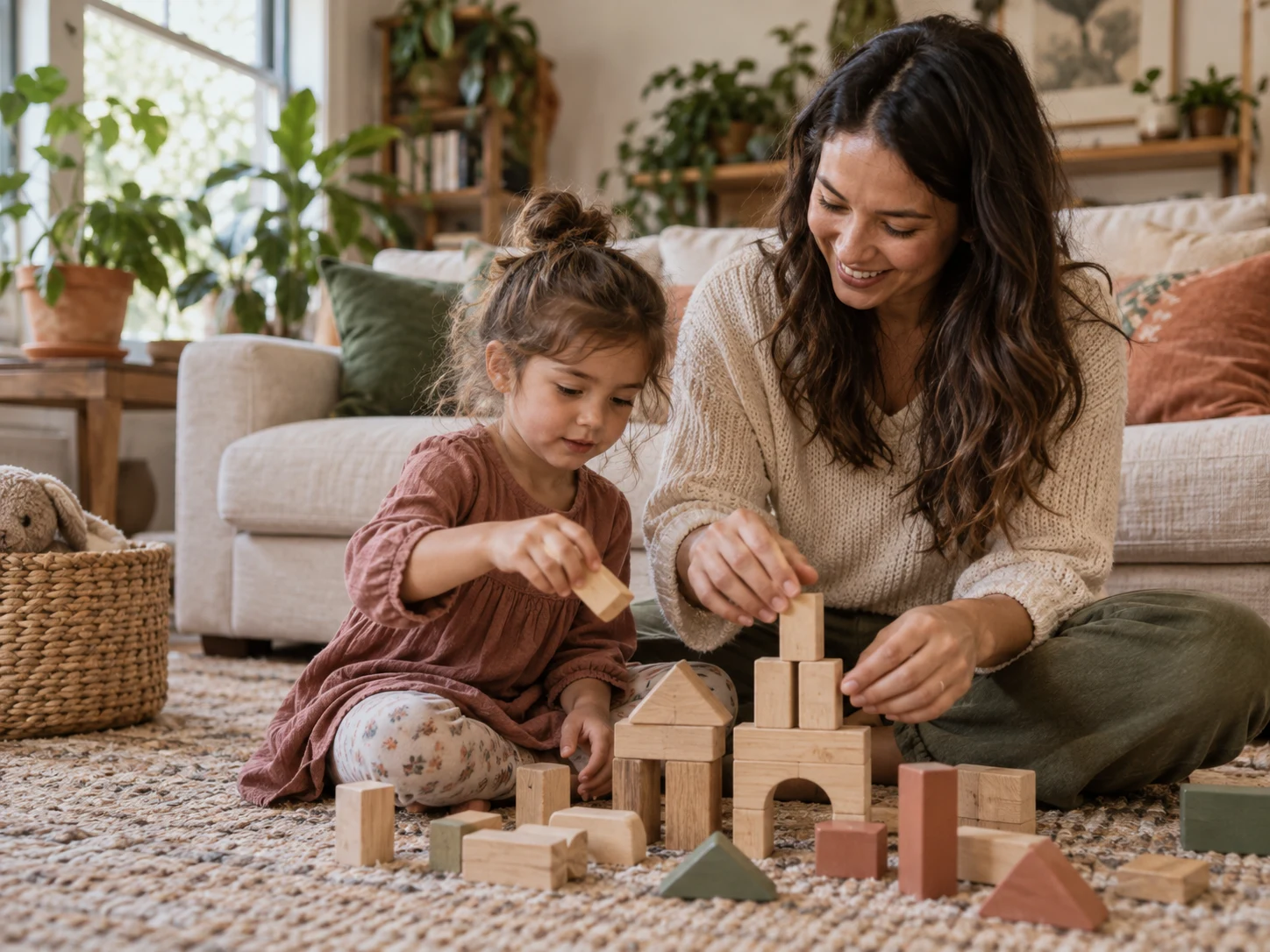 A parent and child sharing a quiet moment building with wooden blocks