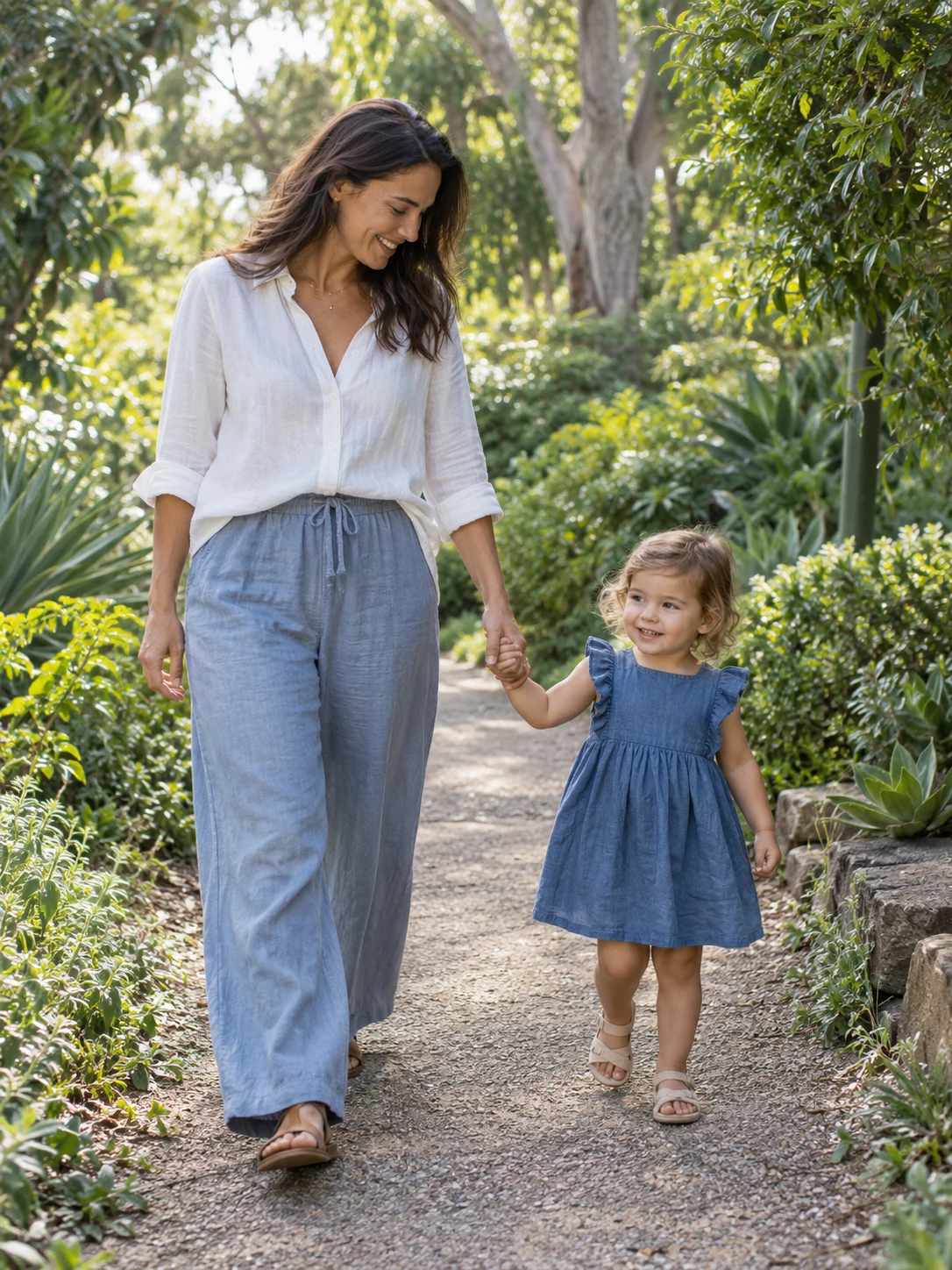 A parent and toddler walking hand in hand along a garden path